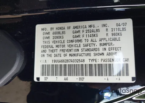 2007 Acura Tl 3.2 from USA, damaged, VIN 19UUA66287A032548